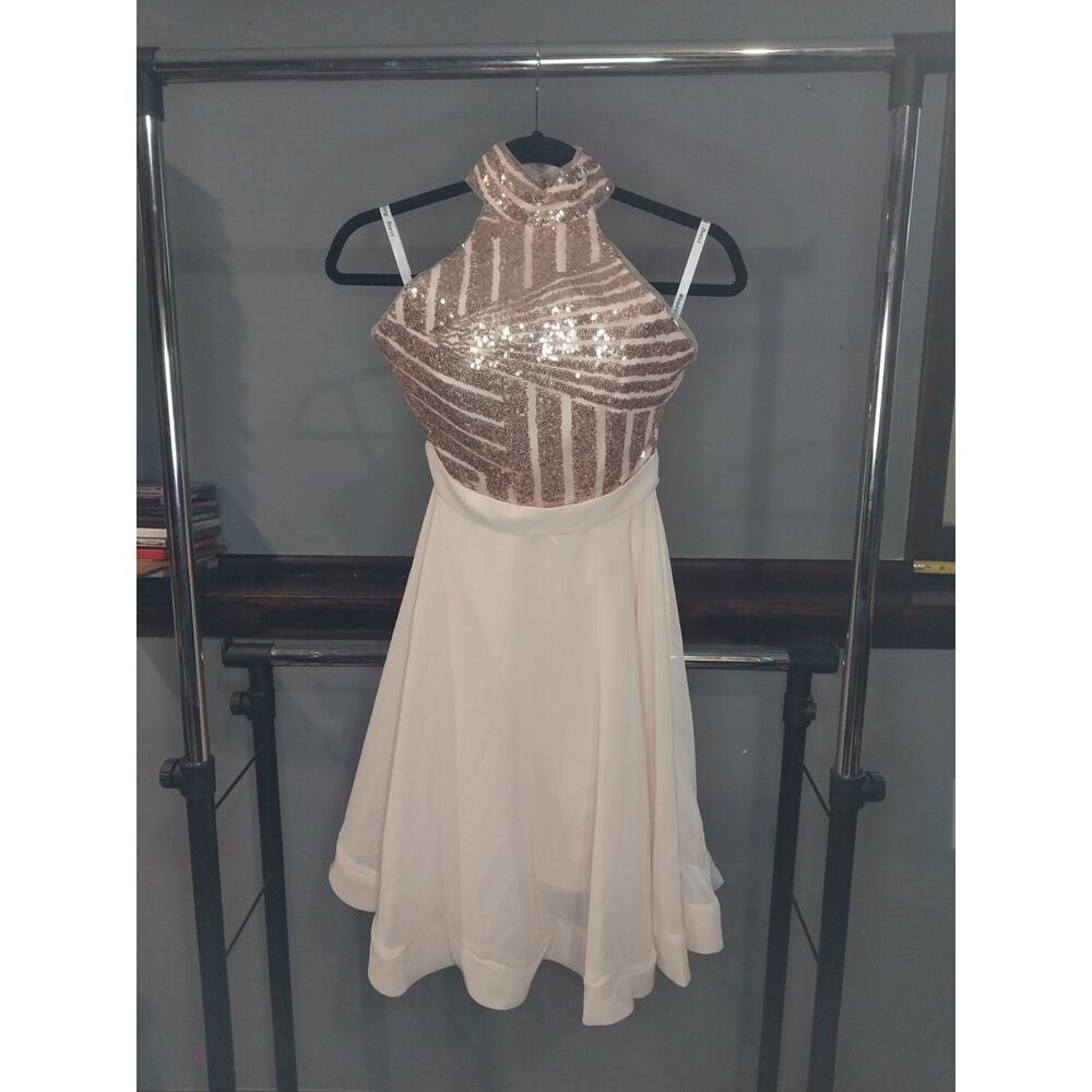 Sequin Halter Midi Dress in Rose Gold and Ivory